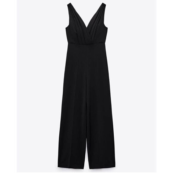ZARA Sleeveless Pleated Front Wide Leg Jumpsuit in Black | SZ XS - Picture 1 of 15